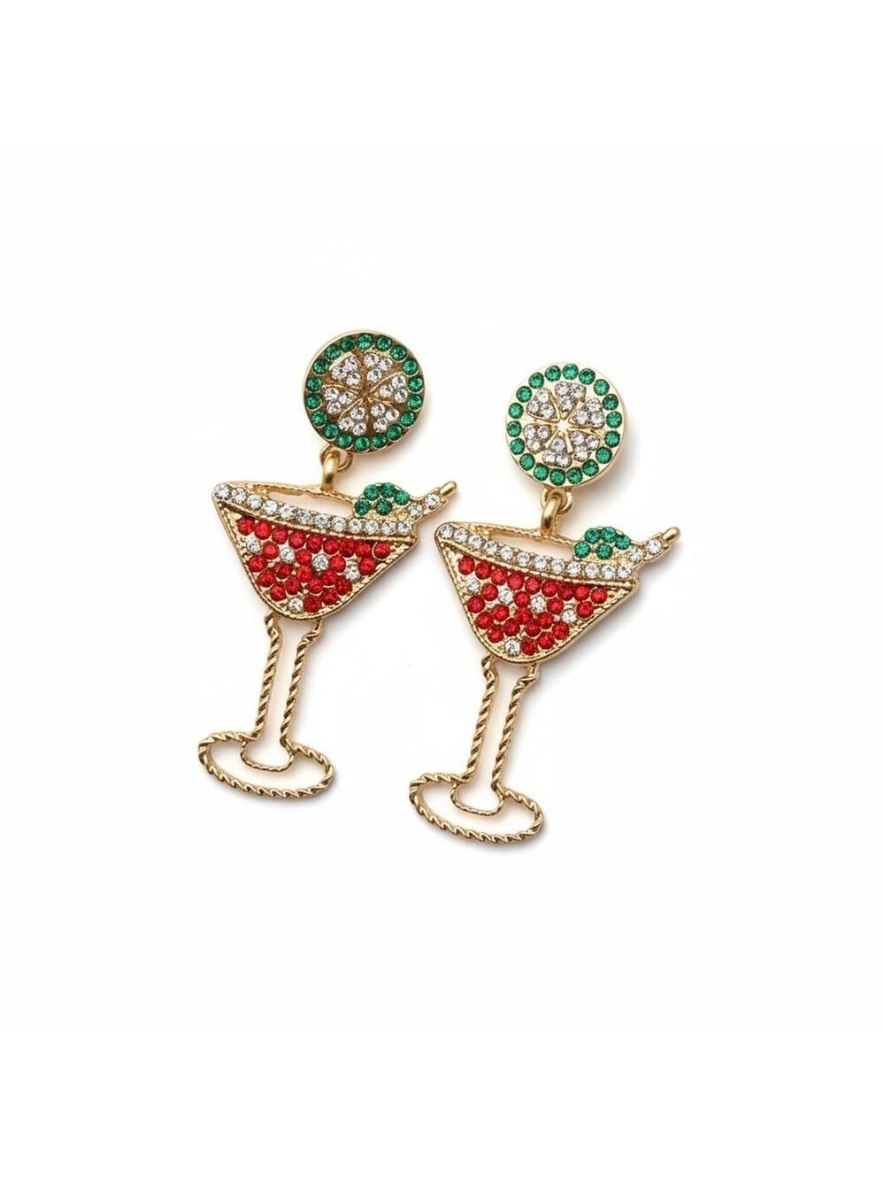 Red Gold Green Martini Cocktail Dangle Earrings Stud Style